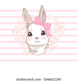 Hand Drawn Vector Rabbit, Cute Bunny, Rabbit with bow cute illustration. Print for children's t-shirts.  