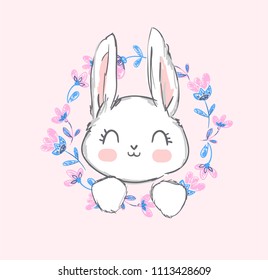 Hand Drawn Vector Rabbit, Cute Bunny, Vector illustration. Print for children's t-shirts. Flowers frame.