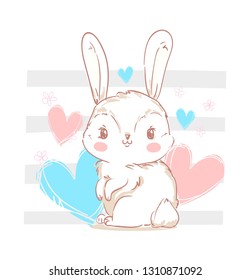 Hand Drawn Vector Rabbit, Cute Bunny with heart illustration. Print for children's t-shirts. Childish design poster.