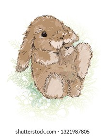Hand drawn vector rabbit cute bunny isolated on green tree background
