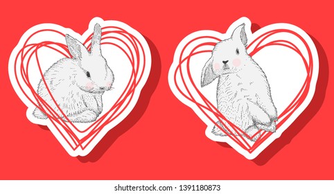 Hand drawn vector Rabbit, cute bunny, rabbit cute illustration in the form of a sticker. Print for children's t-shirts and design.
