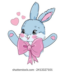 Hand Drawn Vector Rabbit, Cute Bunny, Rabbit with bow cute illustration. Print for children's t-shirts. 