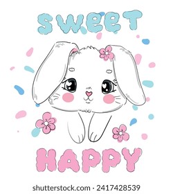 Hand Drawn Vector Rabbit, Cute Bunny Vector illustration. Print for childrens t-shirts