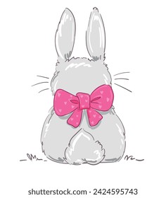 Hand Drawn Vector Rabbit, Cute Bunny, Rabbit with bow cute illustration. Print for children's t-shirts. 