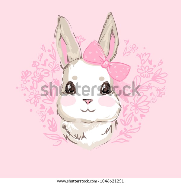 手描きのベクターウサギ かわいいバニー 蝶結びのイラストを持つウサギ 子どものtシャツ用に印刷します のベクター画像素材 ロイヤリティフリー
