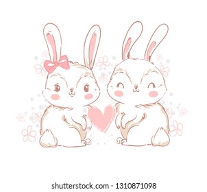 Hand Drawn Vector Rabbits, Cute Bunny with heart illustration. Print for children's t-shirts. Childish design poster. 