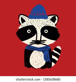 Hand drawn vector raccoon with wool hat and scarf