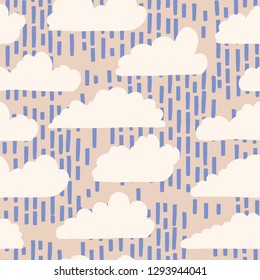 Hand drawn vector rain cloud illustration. Seamless repeating pattern of white fluffy rainy day lineart on cloudy background. Sketchy creative lineart for cloudy wallpaper, kids fashion or weather art