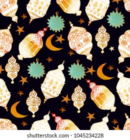 Hand Drawn Vector Ramadan Background. Colorful Seamless Pattern. Islamic Holiday. Lanterns, stars, crescent, arabian style.