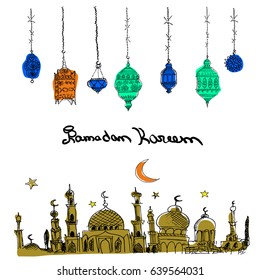 Hand Drawn Vector Ramadan Background. Colorful Illustration. Islamic Holiday Greeting Card.