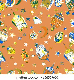 Hand Drawn Vector Ramadan Background.  Islamic Holiday.  Feast of Breaking the Fast. 