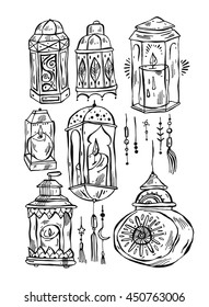 Hand drawn vector Ramadan Kareem and mosque background,beautiful greeting card design elements.Make your own ramadhan laterns.Arabic lined flashlights isolated on white.Sign design elements.