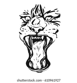 Hand drawn vector realistic ink graphic drawing of anger tiger face isolated on white background.Wild soul concept.Tigers head isolated.Logo,sign