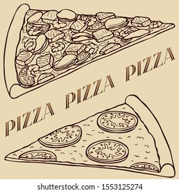 Hand drawn vector realistic pizza slices and lettering. Good for wrapping paper, wallpapers at cafe, pizzeria or bakery