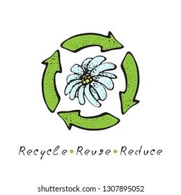 Hand drawn vector recycle logo. Sketch doodle recycle reuse symbol with flower isolated on white background. Recycle sign for ecological design zero waste lifestyle