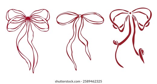 Hand drawn vector red bows with various shapes and ribbon styles. Minimalist red outline linear trendy sketch style. illustration for fashion, packaging, digital prints, invitation, scrapbooking, logo