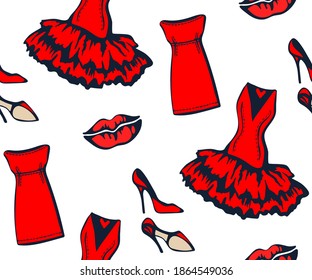 Ropa roja vectorial dibujada a mano y accesorios. Ilustración de tinta dibujada a mano. Patrón vectorial. Imprimir para textiles, tela, papel pintado, raspado