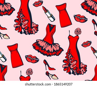 Hand drawn vector red dress and accessories. Hand drawn ink illustration. Vector pattern. Print for textile, cloth, wallpaper, scrapbooking