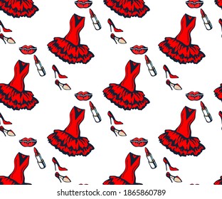 Hand drawn vector red dress and accessories. Hand drawn ink illustration. Modern ornamental decorative background. Vector pattern. Print for textile, cloth, wallpaper, scrapbooking