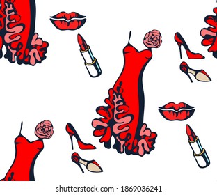 Ropa roja vectorial dibujada a mano y accesorios. Ilustración de tinta dibujada a mano. Patrón vectorial. Imprimir para textiles, tela, papel pintado, raspado