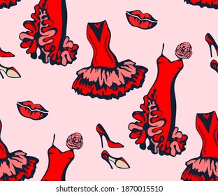 Ropa roja vectorial dibujada a mano y accesorios. Ilustración de tinta dibujada a mano. Patrón vectorial. Imprimir para textiles, tela, papel pintado, raspado