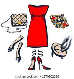 Hand drawn vector red dress and accessories. Hand drawn ink illustration. Modern ornamental decorative background. Print for textile, cloth, wallpaper, scrapbooking