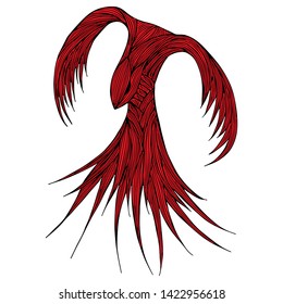 Hand drawn vector red fire bird illustration. Fantastic dragon icon. Freehand silhouette of mythology aminal. Fantasy outline illustration.