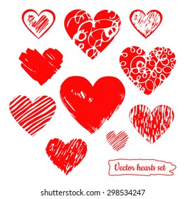 Hand drawn vector red hearts set for valentines and wedding. 