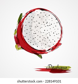 Hand drawn vector red ripe part of pitahaya, dragon fruit on light background