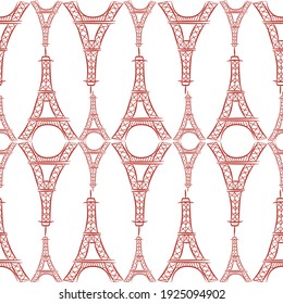 Hand drawn vector red seamless pattern with Eiffel Tower on white background