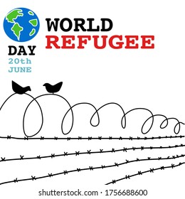 Vector de mano del campo de refugiados desde detrás de la valla de alambre de púas con dos pájaros en la valla para el Día Mundial de los Refugiados el 20 de Junio.