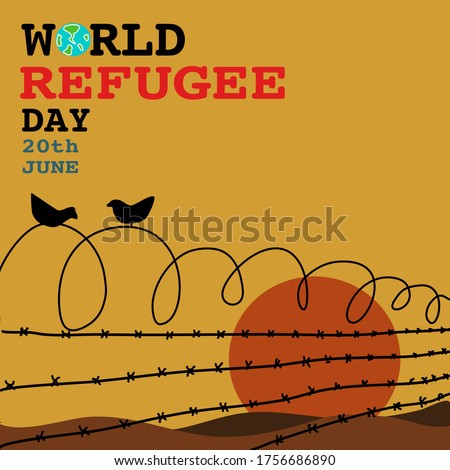 hand drawn vector of  refugee camp from behind the barbed wire fence in empty day sunset . with 2 birds on the fence for world refugee day on 20th June .