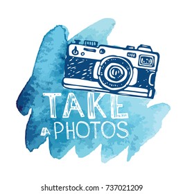Hand drawn vector retro camera. Take a good shot!