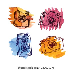 Hand drawn vector retro camera. Take a good shot!