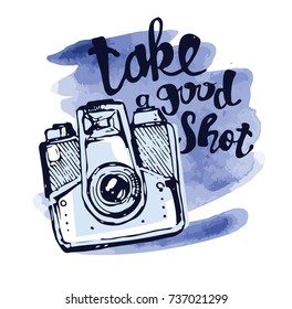 Hand drawn vector retro camera. Take a good shot!