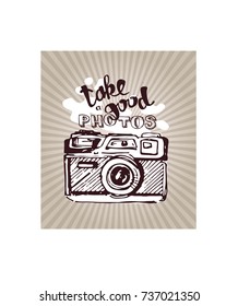 Hand drawn vector retro camera. Take a good shot!