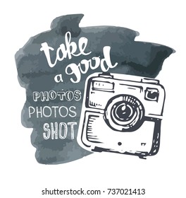 Hand drawn vector retro camera. Take a good shot!
