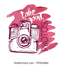 Hand drawn vector retro camera. Take a good shot!