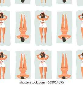 Hand drawn vector retro cartoon summer time fun seamless pattern with lazy lying sunbathing girls on beach isolated on white background.