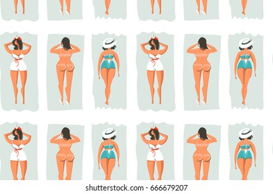 Hand drawn vector retro cartoon summer time fun seamless pattern with lazy lying sunbathing girls on beach isolated on white background.