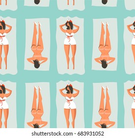 Hand drawn vector retro cartoon summer time fun seamless pattern with lazy swimming sunbathing girls on ocean waves isolated on blue background