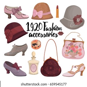 Hand drawn vector retro fashion the 1920s 1930s objects: women hats, bags, lipsticks, perfume, face powder, shoes. Chicago party style. Old-fashioned retro-styled accessories.