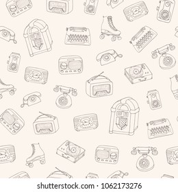 Hand drawn vector retro seamless pattern with antique tech, scooter, juke box, radio, typewriter, roller skates and vinyl record player outline on the beige background. 