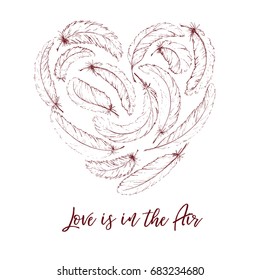 Hand drawn vector retro sketch feathers heart. Boho style illustration on isolated background. Best for t-shirt, invitation, wedding card, backdrop design