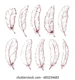 Hand drawn vector retro sketch feathers set. Boho style illustration on isolated background. Best for t-shirt, invitation, wedding card, backdrop design