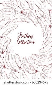 Hand drawn vector retro sketch feathers wreath. Boho style frame illustration on isolated background. Best for t-shirt, invitation, wedding card, web, backdrop design