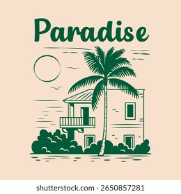 Hand Drawn Vector Retro Tropical Logo on Beige Background. Summer Vacation Art with Palm Tree, House, Sun and Birds. Vector Flat Design Print for T-shirts, Social Media, Posters and Packages.