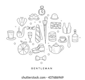 Hand drawn vector retro vintage gentleman icon set