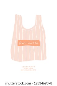 Hand drawn vector reusable eco friendly shopping bag illustration on the white background. Use less plastic concept