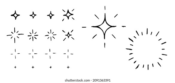 Hand drawn vector rhomb shining stars and fireworks. Doodle flare christmas and new year simple design elements. Vector sketch eps set